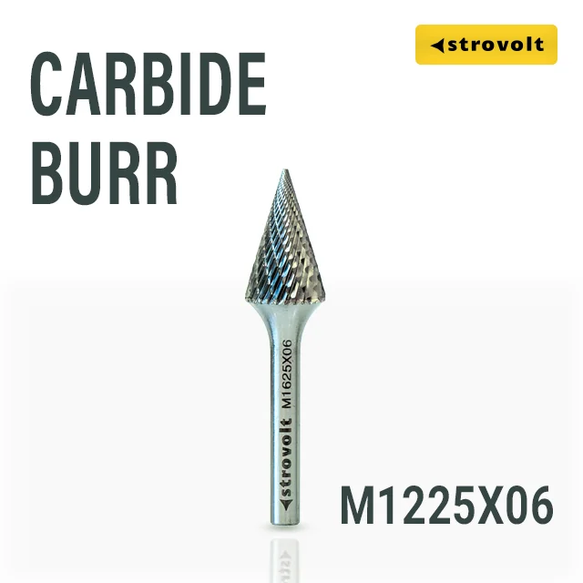 Strovolt Premium Tungsten Carbide Burr Shape M (Pointed Cone) 12mm x 25mm 6mm Shank Double Cut Rotary File Part No: CB35M1225 (M1225X06-45) - strovolt - SKU: CB35M1225 - Available in Saudi Arabia