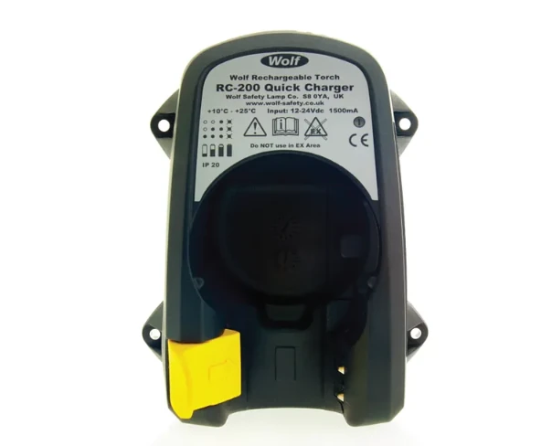 Wolf Safety RC-200H/RC-200L charger for portable gas detectors, showing charging bays and LED indicators