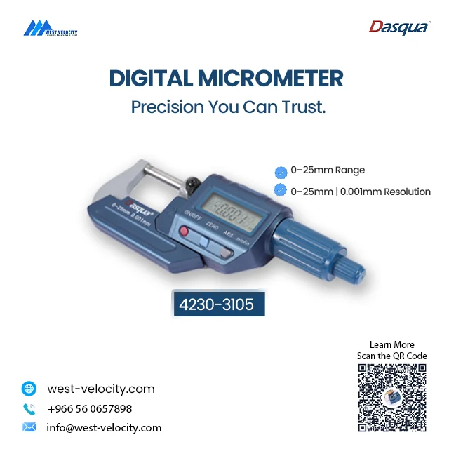 Dasqua Digital Micrometer with Wireless Data Output 0-25mm (0-1") Range DIN 863 High Precision - Dasqua - SKU: 4230-3105