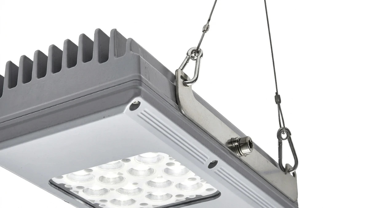 Wolf Safety LHX highbay LED light accessories including wire guards, visors, and mounting brackets