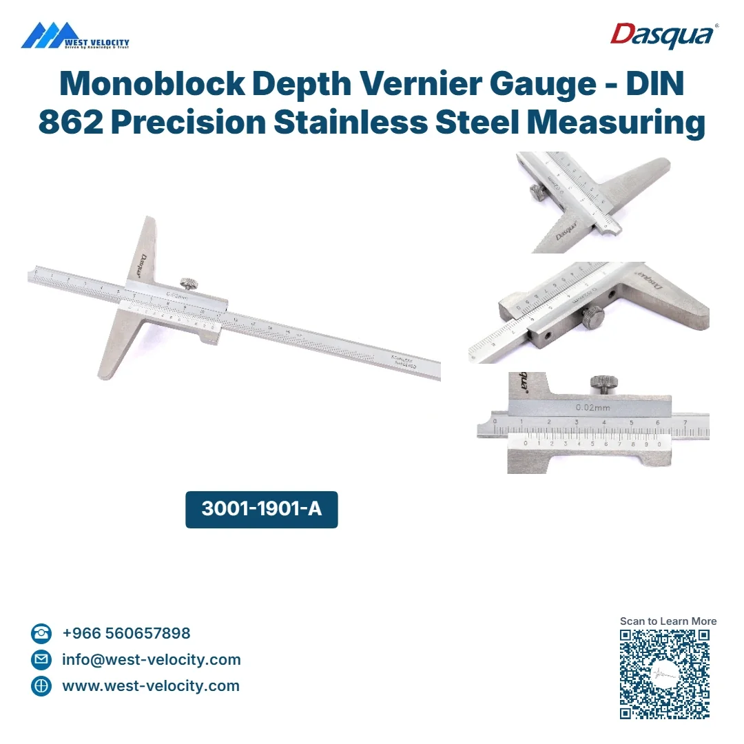 Monoblock Depth Vernier Gauge - DIN 862 Precision Stainless Steel Measuring Tool - Dasqua - SKU: 3001-1901-A - Available in Saudi Arabia