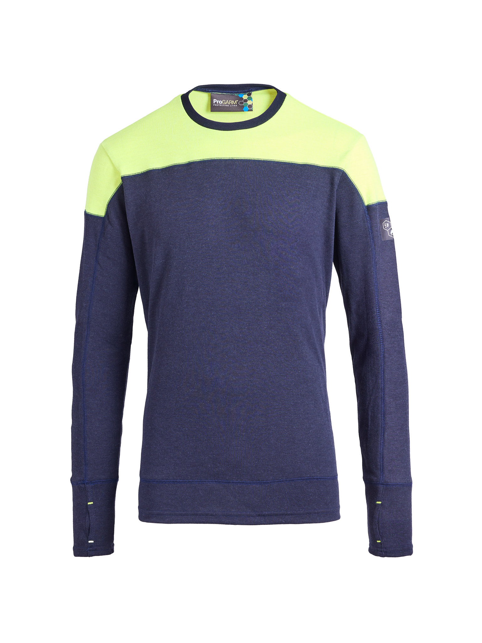 ProGARM TS254F Yellow and Navy Long Sleeved Arc T-Shirt (8.3 cal/APC 1) - detail view - ProGARM arc flash clothing Saudi Arabia