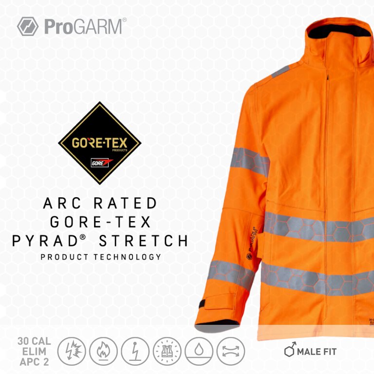 ProGARM WJ240M Orange GORE-TEX PYRAD Stretch Jacket Male Fit (30 cal/APC 2) - front view - ProGARM arc flash clothing Saudi Arabia