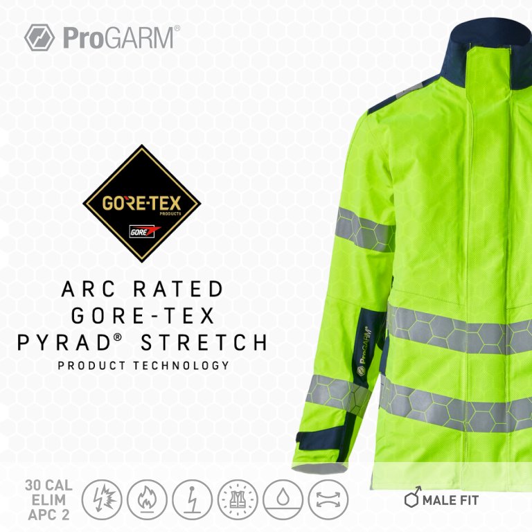 ProGARM WJ250M Yellow GORE-TEX PYRAD Stretch Jacket Male Fit (30 cal/APC 2) - front view - ProGARM arc flash clothing Saudi Arabia