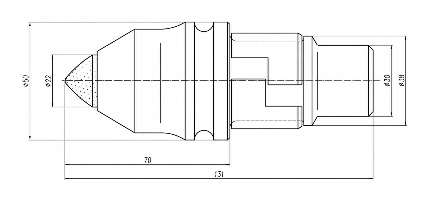 STROVOLT B47K22 bullet tooth dimension drawing - 38/30mm shank