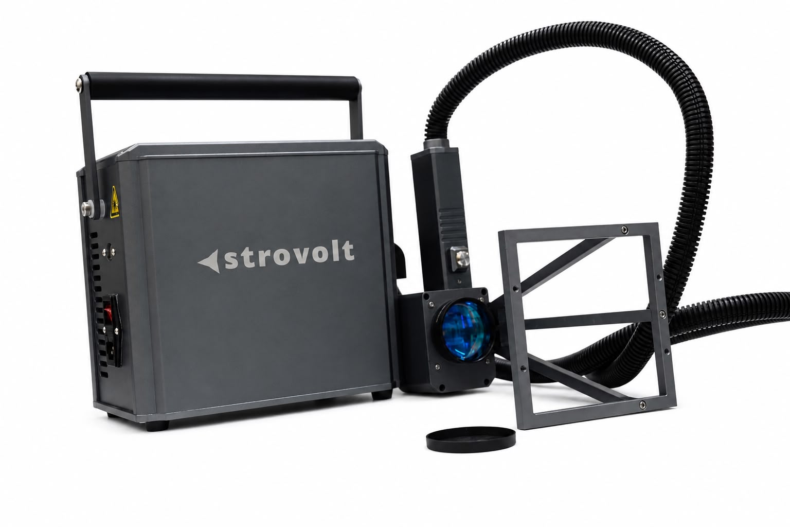 STROVOLT STROLS-M-35218 portable laser marker with marking head mounted on top of the 10 kg cabinet