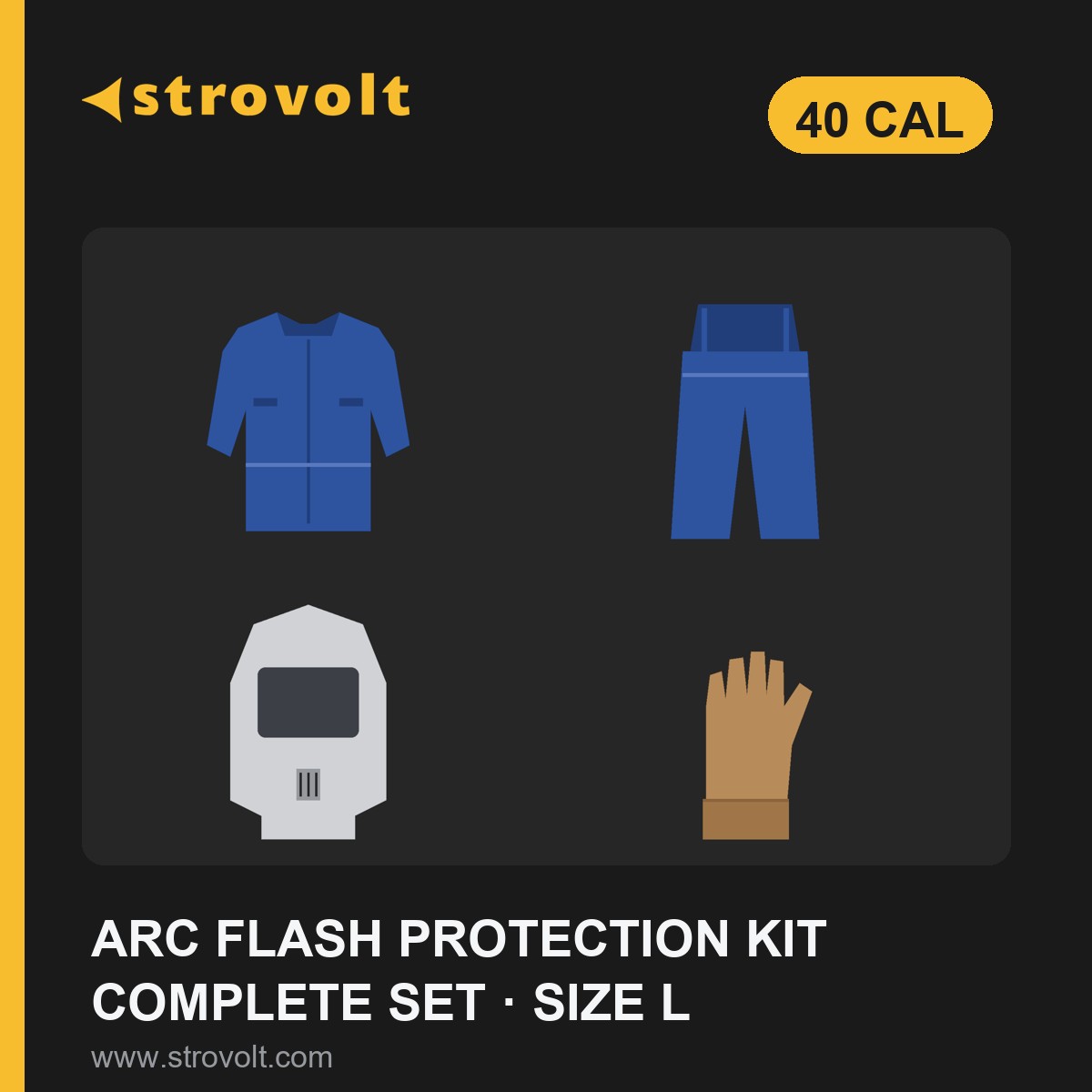 STROVOLT 40 Cal Arc Flash Protection Kit size L with full PPE including balaclava and gloves for electrical safety