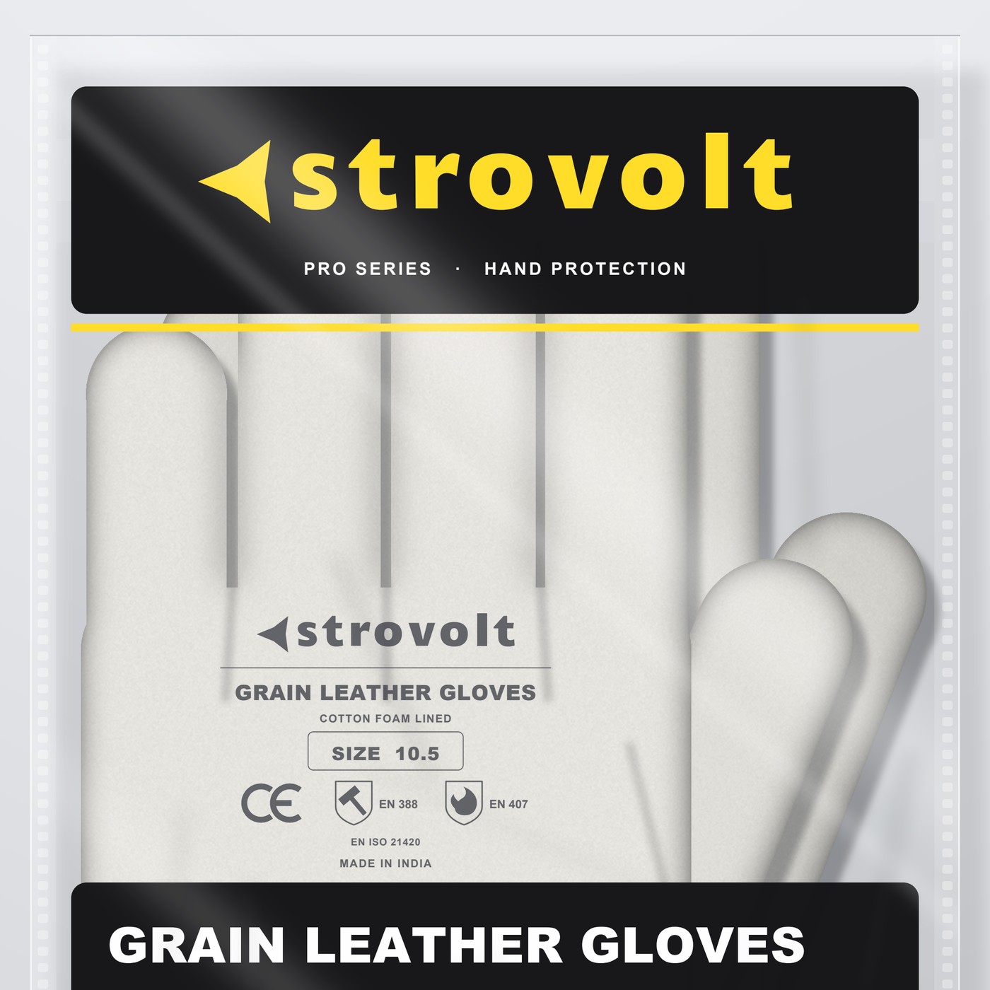 STROVOLT grain leather gloves size 10.5, glove seen through the clear bag