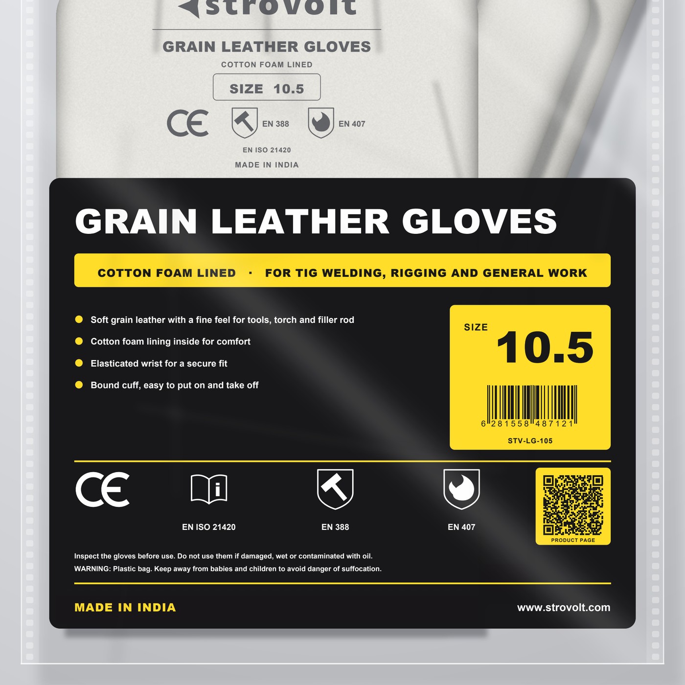 STROVOLT grain leather gloves size 10.5, information panel on the bag with size and standards