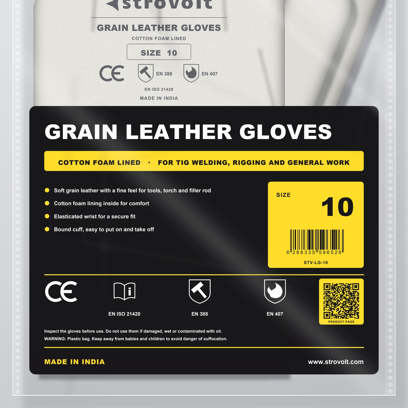 STROVOLT grain leather gloves size 10, information panel on the bag with size and standards