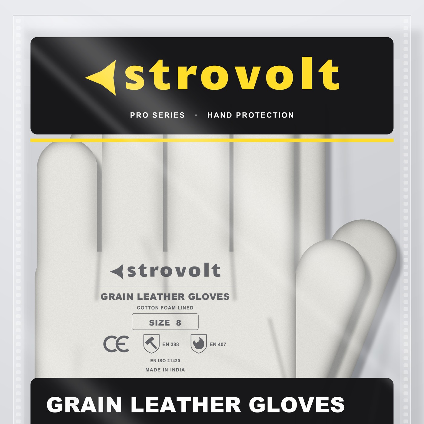 STROVOLT grain leather gloves size 8, glove seen through the clear bag