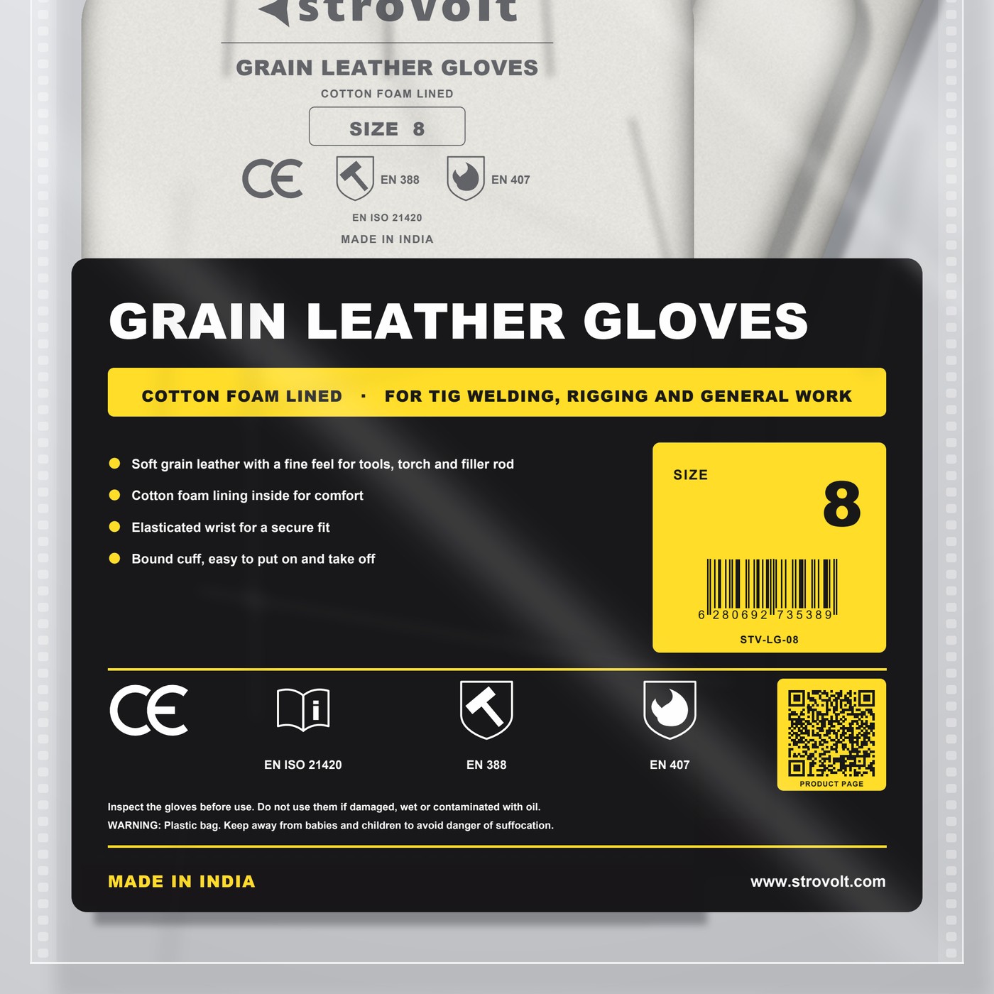 STROVOLT grain leather gloves size 8, information panel on the bag with size and standards