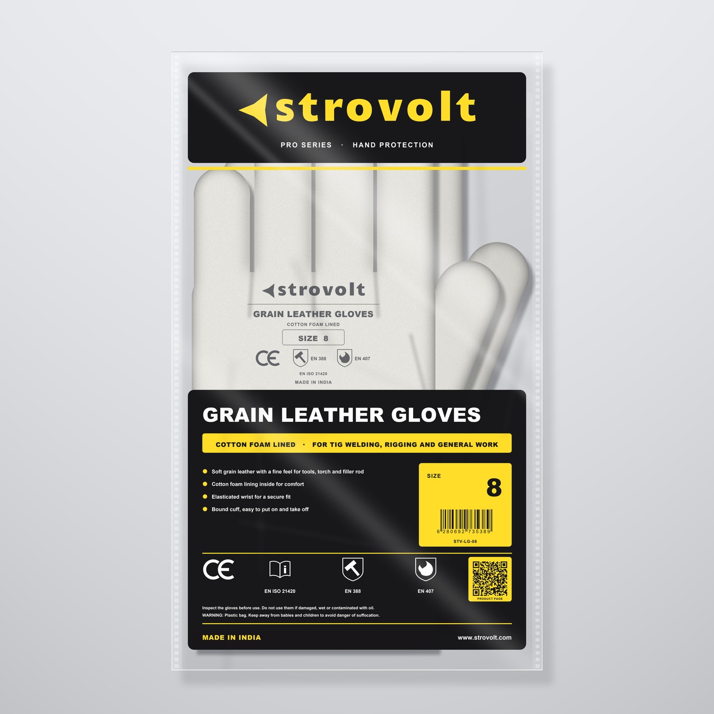 STROVOLT grain leather gloves size 8, cotton foam lined, one pair in the printed clear bag