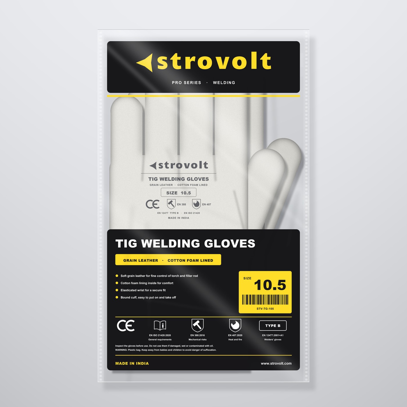 STROVOLT TIG welding gloves size 10.5, grain leather, one pair in the printed clear bag