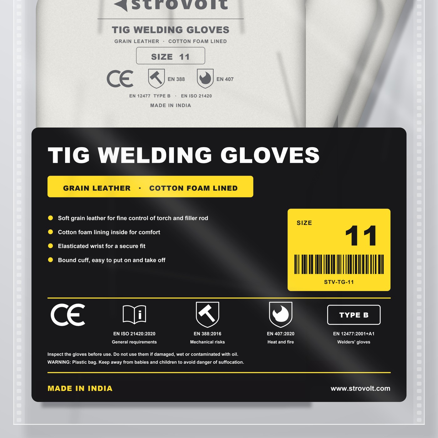 STROVOLT TIG welding gloves size 11, information panel on the bag with size and standards