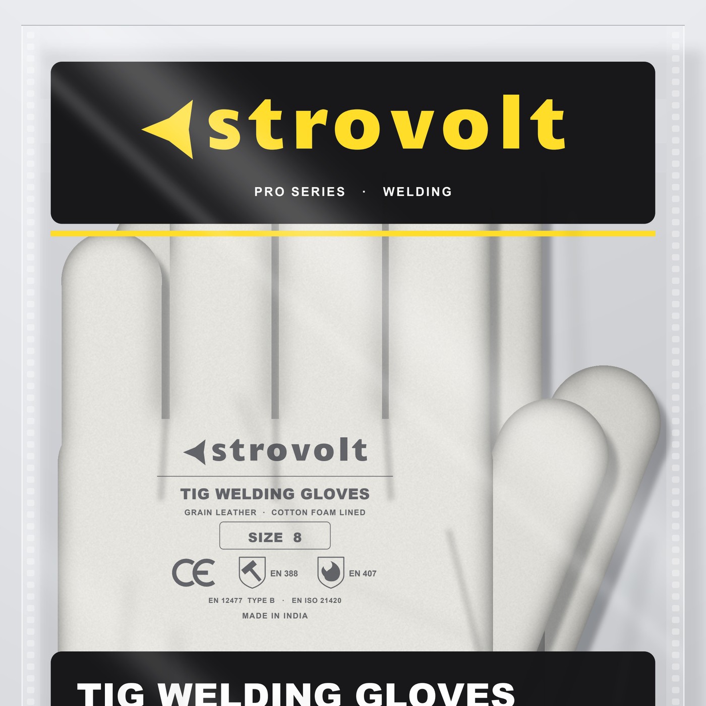 STROVOLT TIG welding gloves size 8, grain leather glove seen through the clear bag