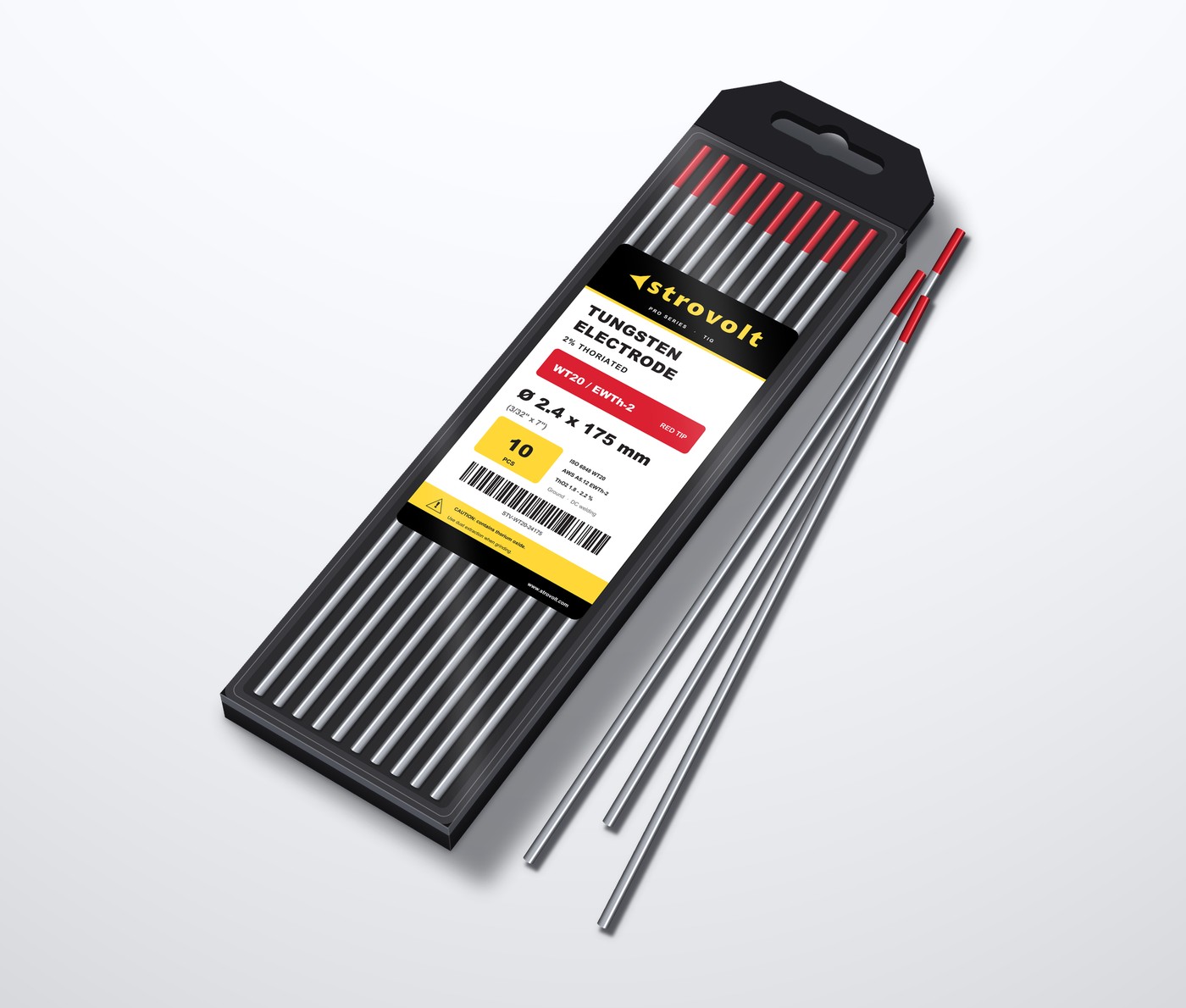 STROVOLT WT20 2% thoriated tungsten electrodes, red tip, 2.4 x 175 mm, case of 10 for DC TIG welding