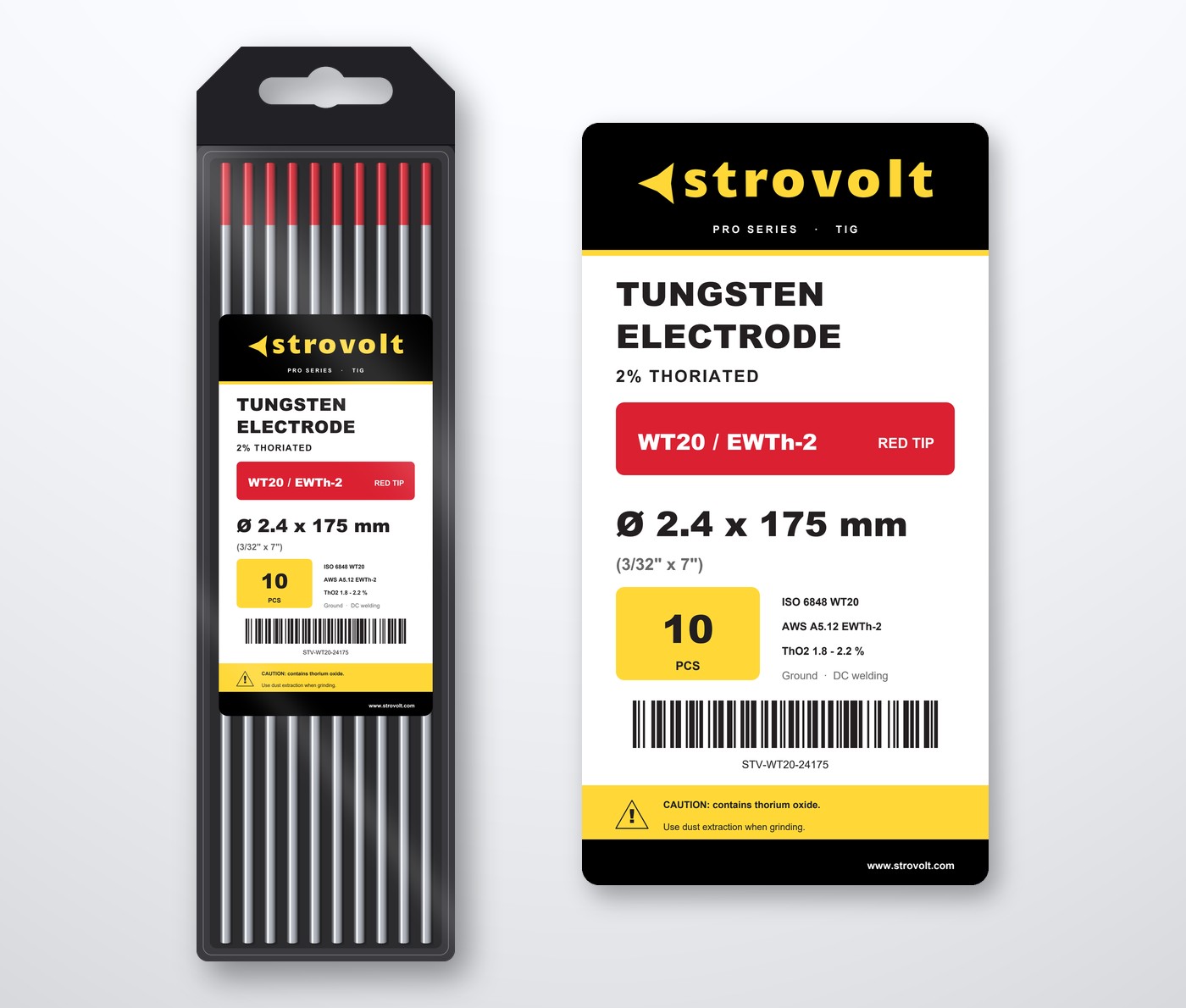 STROVOLT WT20 tungsten electrode 2.4 x 175 mm, front view of the 10-piece case and label