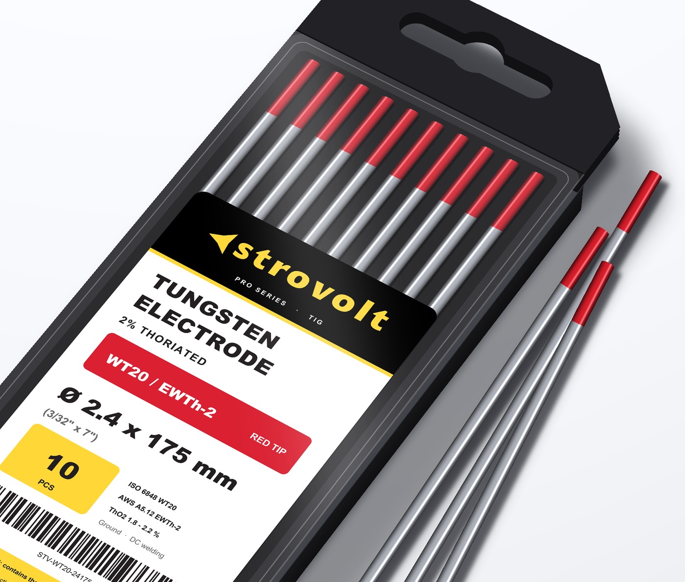 Close-up of STROVOLT WT20 red tip thoriated tungsten electrodes in the case