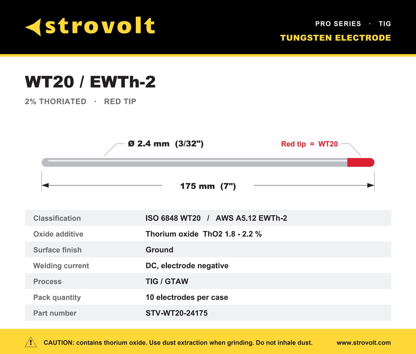 STROVOLT WT20 tungsten electrode dimensions 2.4 mm diameter x 175 mm length and specifications