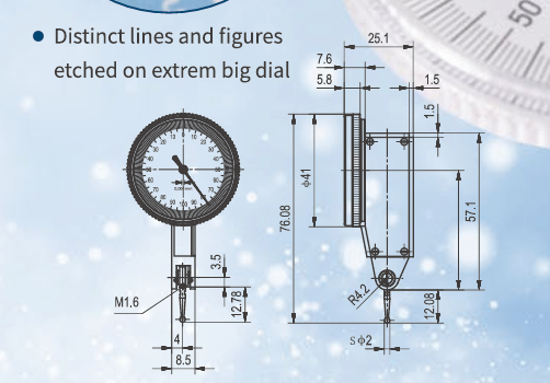 Dasqua Precision Dial Test Indicator - DIN 2270 Jeweled Movement (Metric/Inch Options) - Variations - Technical Diagram - Dasqua 5221-0005