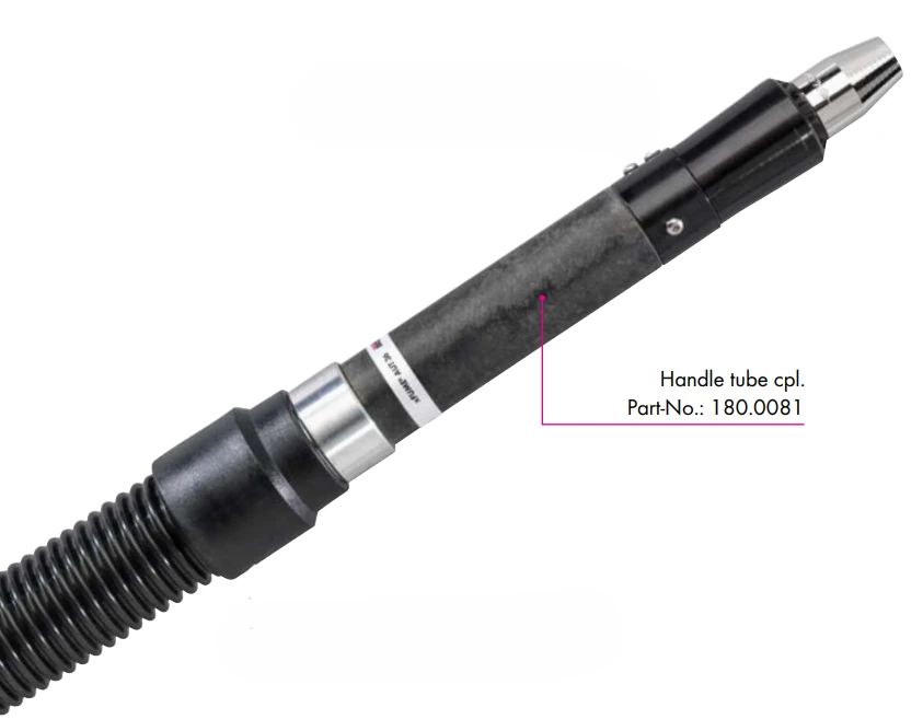 ABICOR BINZEL xFUME AUT handle tube fixture for welding torch, showing complete assembly with insulated grip
