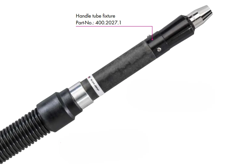 Abicor Binzel xFUME AUT handle tube fixture for welding torch, showing flexible tubing and mounting bracket